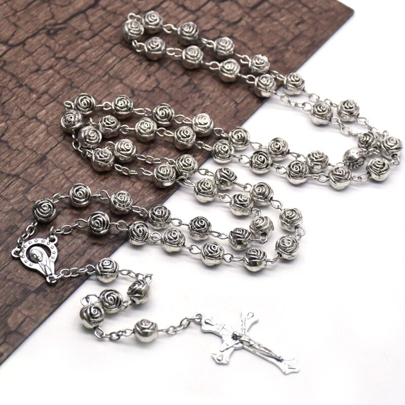 Collier chapelet de perles de prière catholique, en argent, de , Rose de prière du Christ, amour