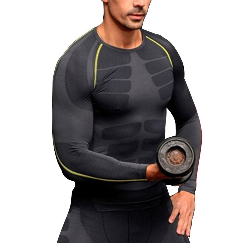 N mænd komprimering underlag langærmet sportsudstyr skjorter fitness gym toppe m-xl: Grøn / L