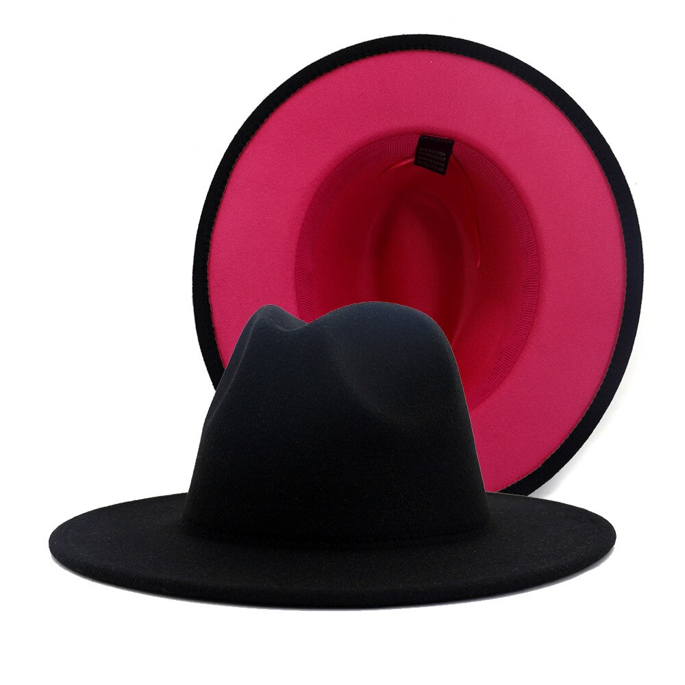 Sombreros de lana de fieltro para hombre y mujer, almazuela roja Rosa interior negra exterior, sombrero de Jazz, sombreros Fedora de ala ancha, gorra Trilby para en Panamá, 60CM: 59 to 60cm