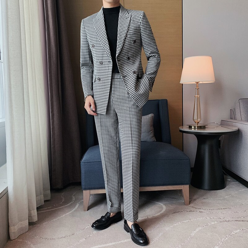 Jacket+Pants Double Breasted Houndstooth Suits Mens Business Formal Wear Slim Fit Wedding Dress Suits Costume Homme 3XL