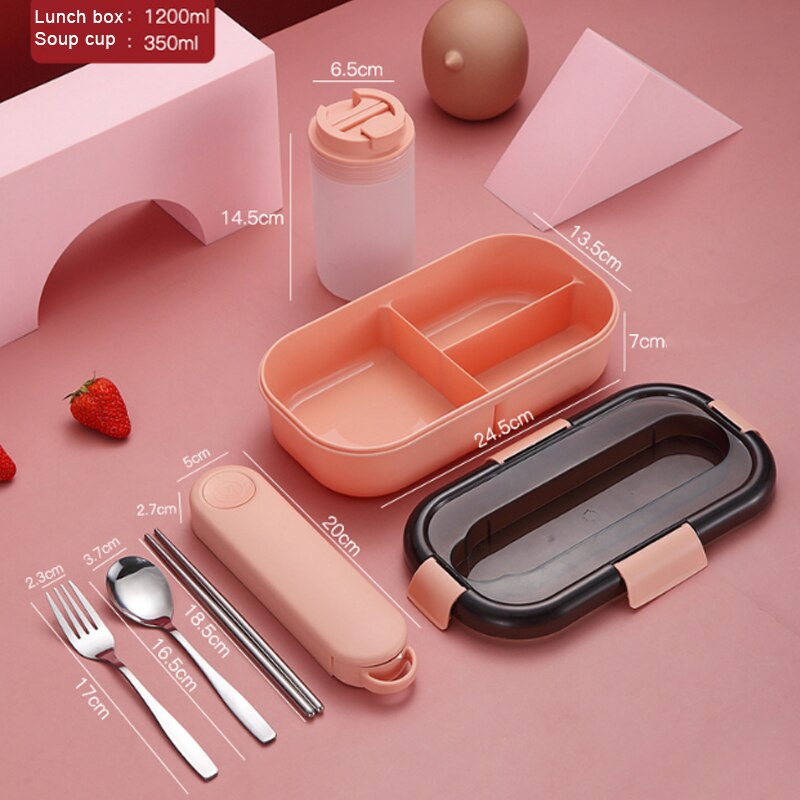 Food Grade PP Lunch Box For Kids School Office Microwave Bento Box With Compartment Tableware Leak-Proof Food Container Box: 1200ml pink