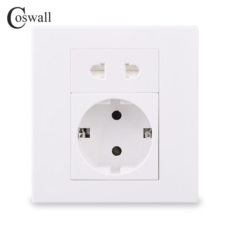 Coswall PC Panel EU Russia Spain 16A Wall Socket Grounded + 2 Pin Universal Power Outlet Ungrounded White Color Modular 86*86mm: Default Title
