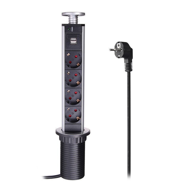 3/4/5 power EU Plug Hidden Kitchen Table Pop Up Electrical Socket Power 1 Led+2 charge USB Aluminum Shelf Silver/Black Cap: 4