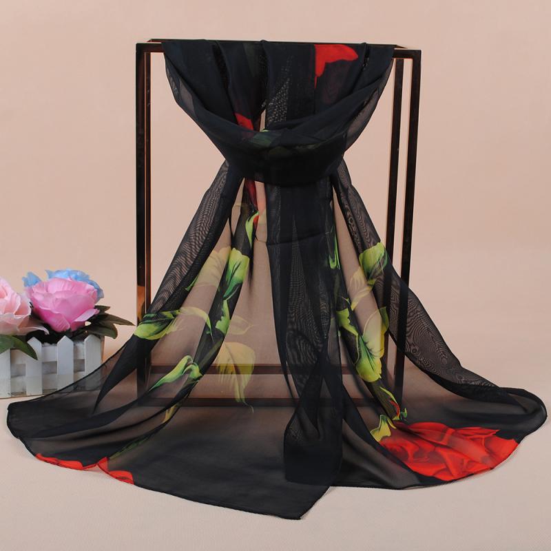 Women's Long Soft Rose Flower Print Wrap Lady Shawl Silk Chiffon Scarf