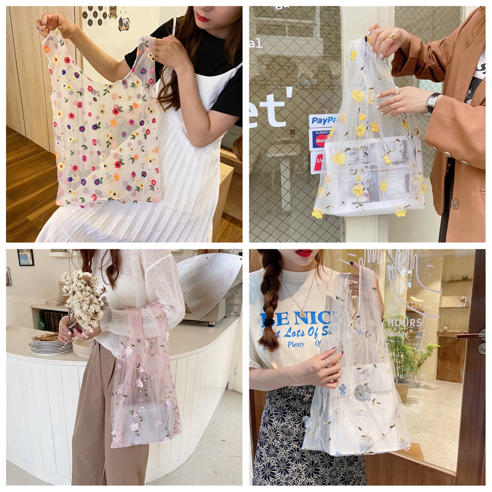 Handmade Flower Embroidery Hand Bag Casual Tote Mesh Shoulder Bag Lady Travel Shopping Bags Woman Handbags