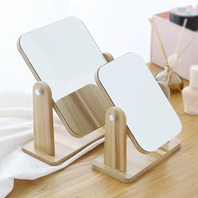 Wooden Makeup Mirror 360 Degree Rotating Wooden Mirror Desktop Mirror Adjustable Angle Portable Mirror