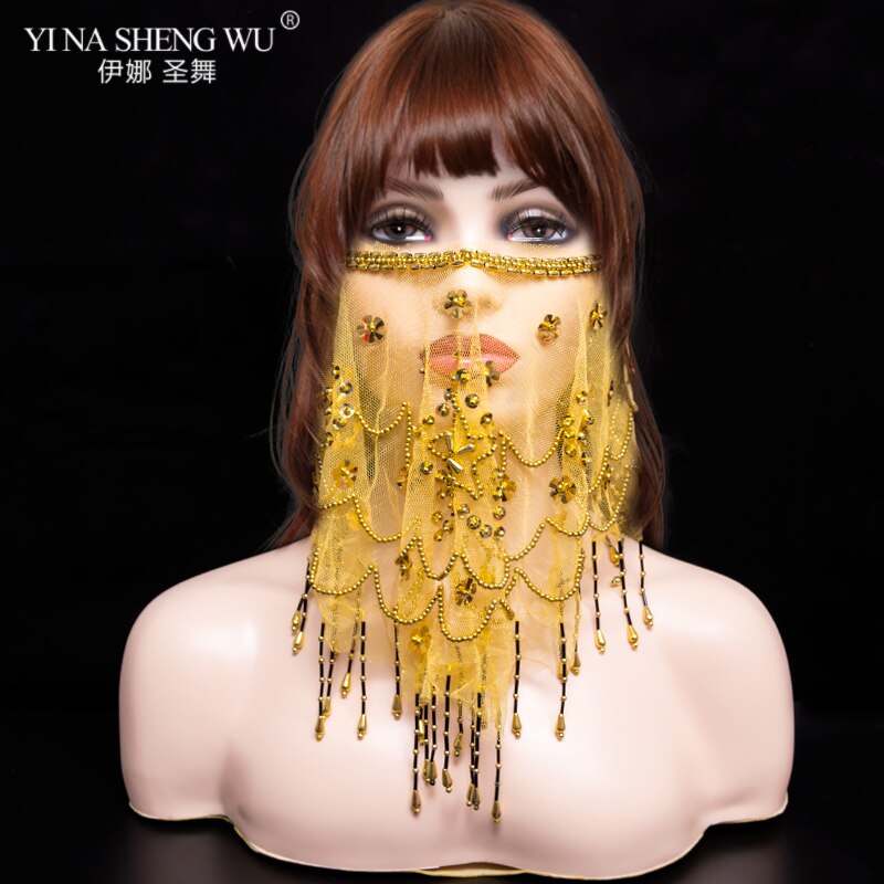 Bellydance Face Veil Women Indian Belly Dance Face Veil Tribal Belly Dance Veils For 9 Colors Available: Plum flower Yellow