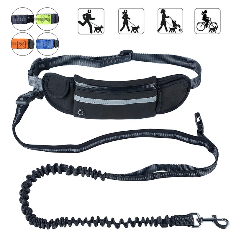Hands Free Dog Running Leash with Waist Pocket Adjustable Belt Shock Absorbing Bungee Fits up to 45inch Waist black-ABUX