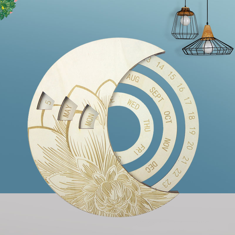 Home Decoration Retro Wooden Wall Calendar Decoration Year Calendar Moon Noric Rotatable Circular DIY Hand-Carved Calendar