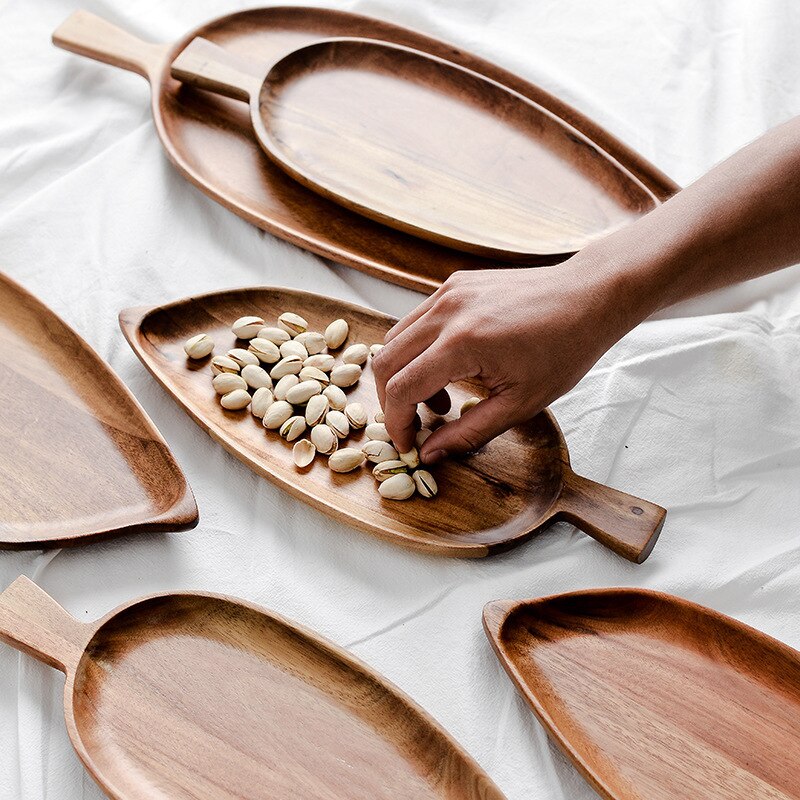 Bandeja de madera maciza con forma de hoja creativa, bandeja para comida, platos para postre, aperitivos, bandeja de té, platos de madera para Pan y pastel, bandejas de almacenamiento