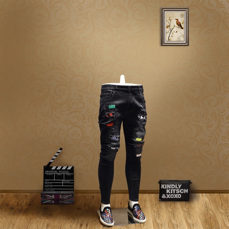 Ripped Skinny Patch Jeans Mannen Streetwear Zwart Grandado