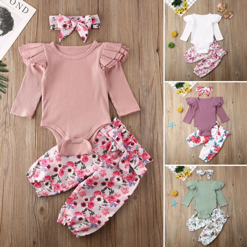 3Pcs Infant Baby Girls Tops Romper Floral Pants Outfits Set Clothes