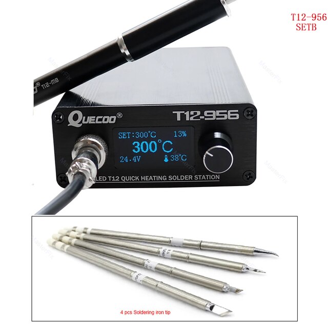 Quecoo T12-956 stazione digitale di saldatura Oled con manico in metallo nero M8 e punte per saldatore T12 spina ue predefinita: impostato B