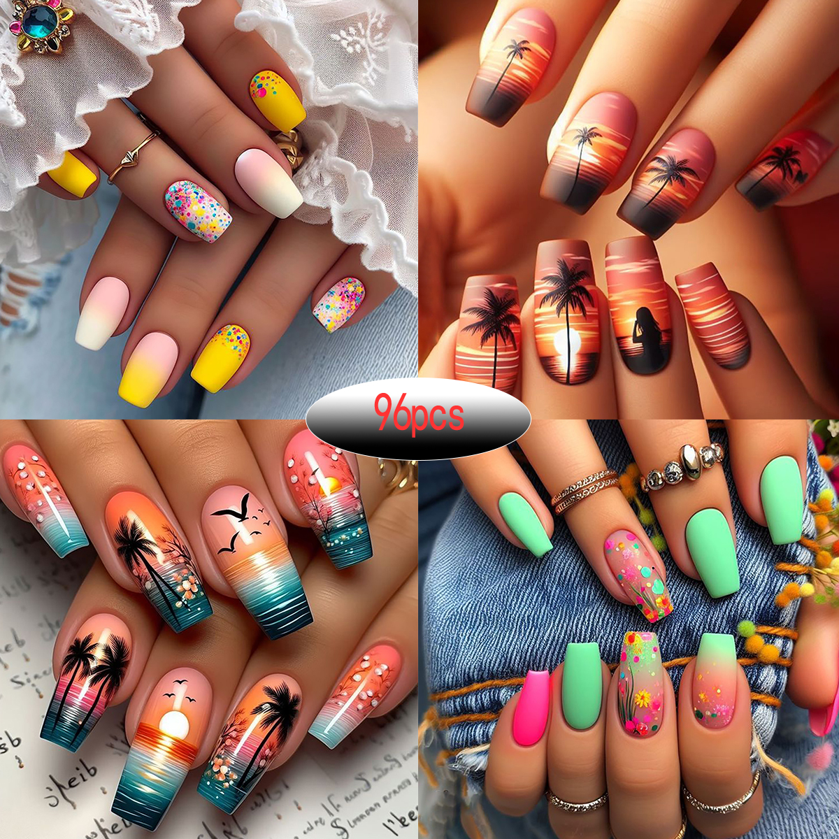 4 ensembles/96 pièces à pression carrée sur les ongles: points dégradés/floral/multicolore. Longueur moyenne brillante avec fichiers et gels. Fête et quotidienne. Détachable: Beige