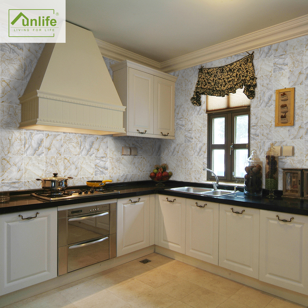 Funlife® White and Gold Marble Tile sticker Peel &amp; Stick Removable Wallpaper Kitchen Backsplash Waterproof Self-Adhesive kitchen