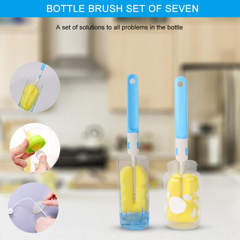 7Pcs Baby Feeding Bottle Brush Set Baby Nipple 360-degree Rotating Clean Sponge Spout Cup Brush Kit Bottle Cleaning Tool
