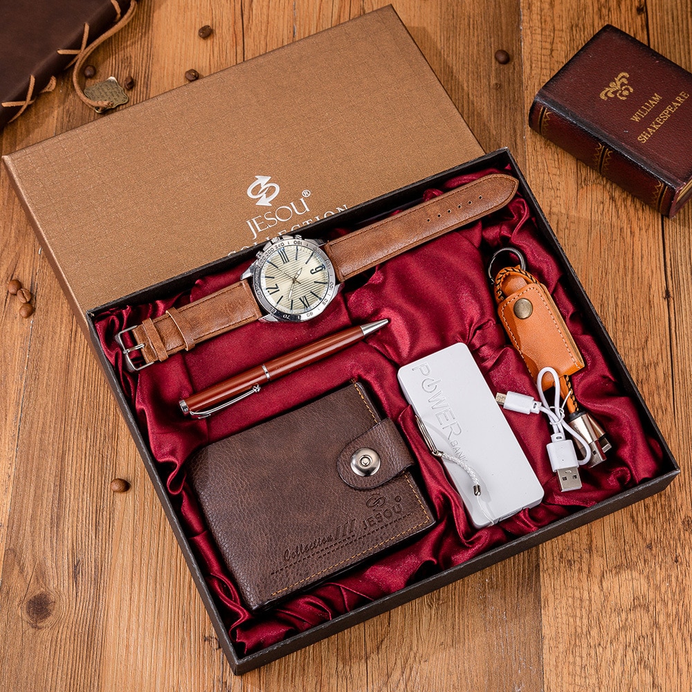 XSVO uhr männer armbanduhr herren armbanduhr einzigartige mens 5 teile/satz Boutique einstellen Brieftasche + Energie Bank + keychain + Uhr + Stift