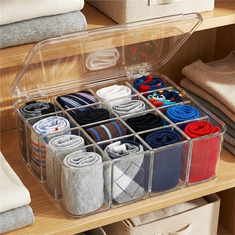 B84B-Tie Box Schubladen-Organizer für Socken und Unterwäsche, 16-Fächer Transparente Kunststoff-Aufbewahrungsbox mit Deckel und Verstellbarem Trennsystem