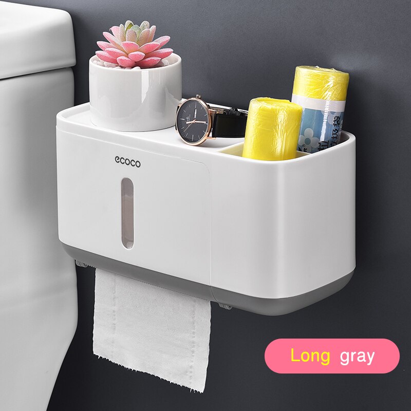 Vægbeslag toiletpapirholder vandtæt bakke rulletoiletpapirholder multifunktionel badeværelsesarrangør: Lang grå