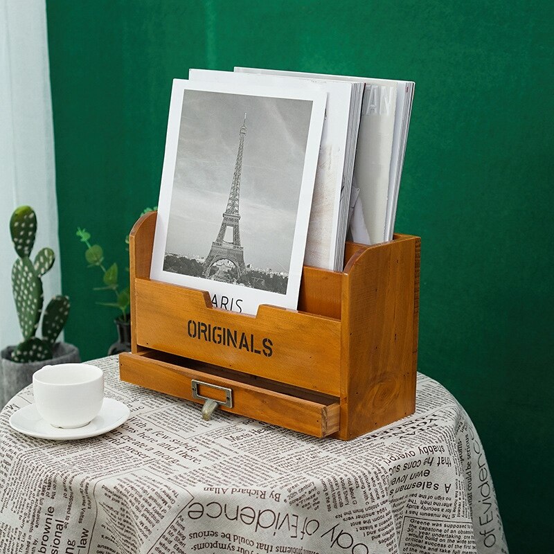 Solid Wood Retro Storage Cabinet Newspaper Books azine Box Newspaper Rack Folder with Drawer