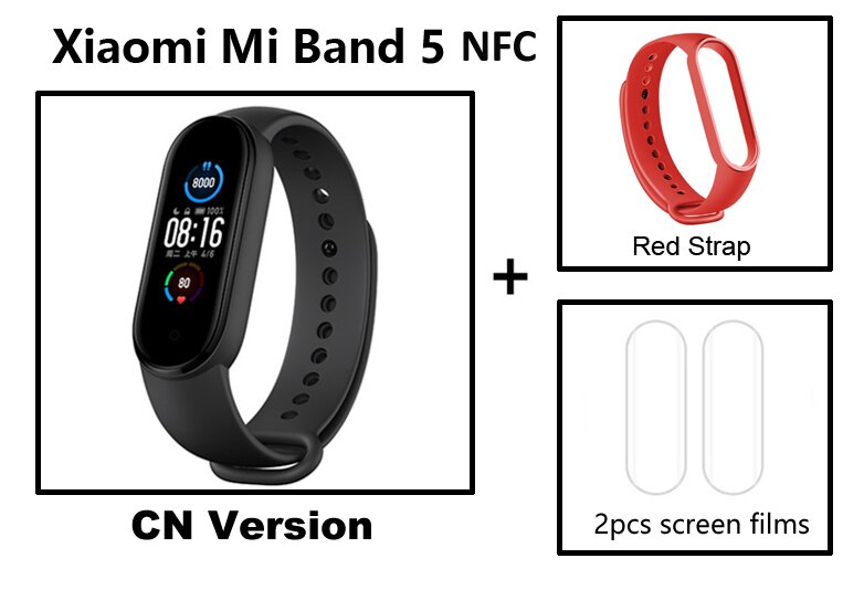 Xiaomi-pulsera inteligente Mi Band 5 Original, reloj con Pantalla AMOLED, control del ritmo cardíaco, Bluetooth, NFC: add red strap film