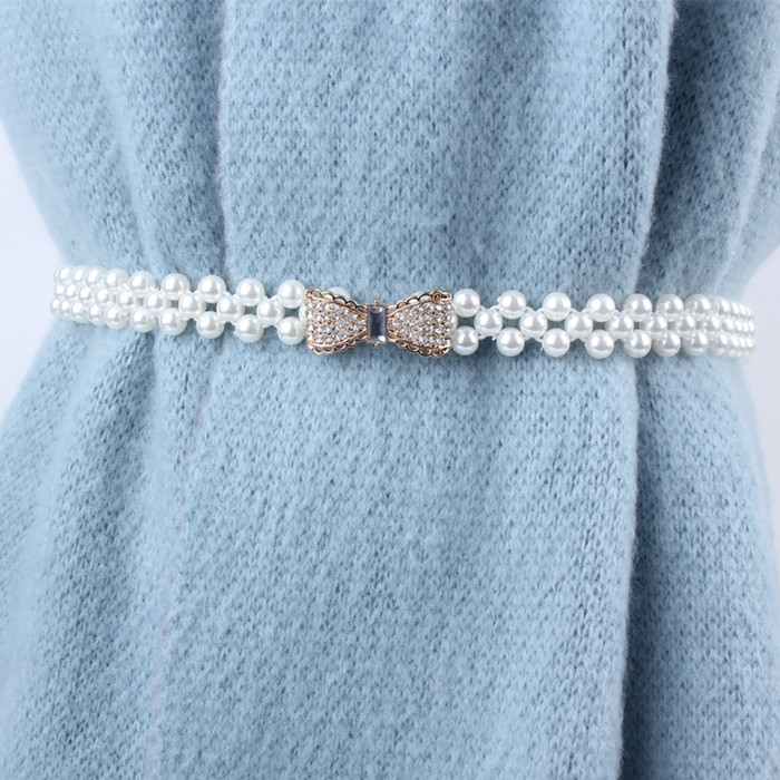 Correa de cadena fina con sello de elasticidad elástica de la cintura blanca para mujer, diamantes de imitación y perlas para decoración de falda, fajas de ,: 9