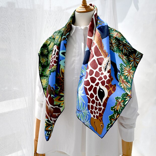 Pañuelo de seda impreso con jirafa para mujer, en azul o naranja, 100% seda auténtica, suave, de gran , cuadrado, chal de para mujer: Azul