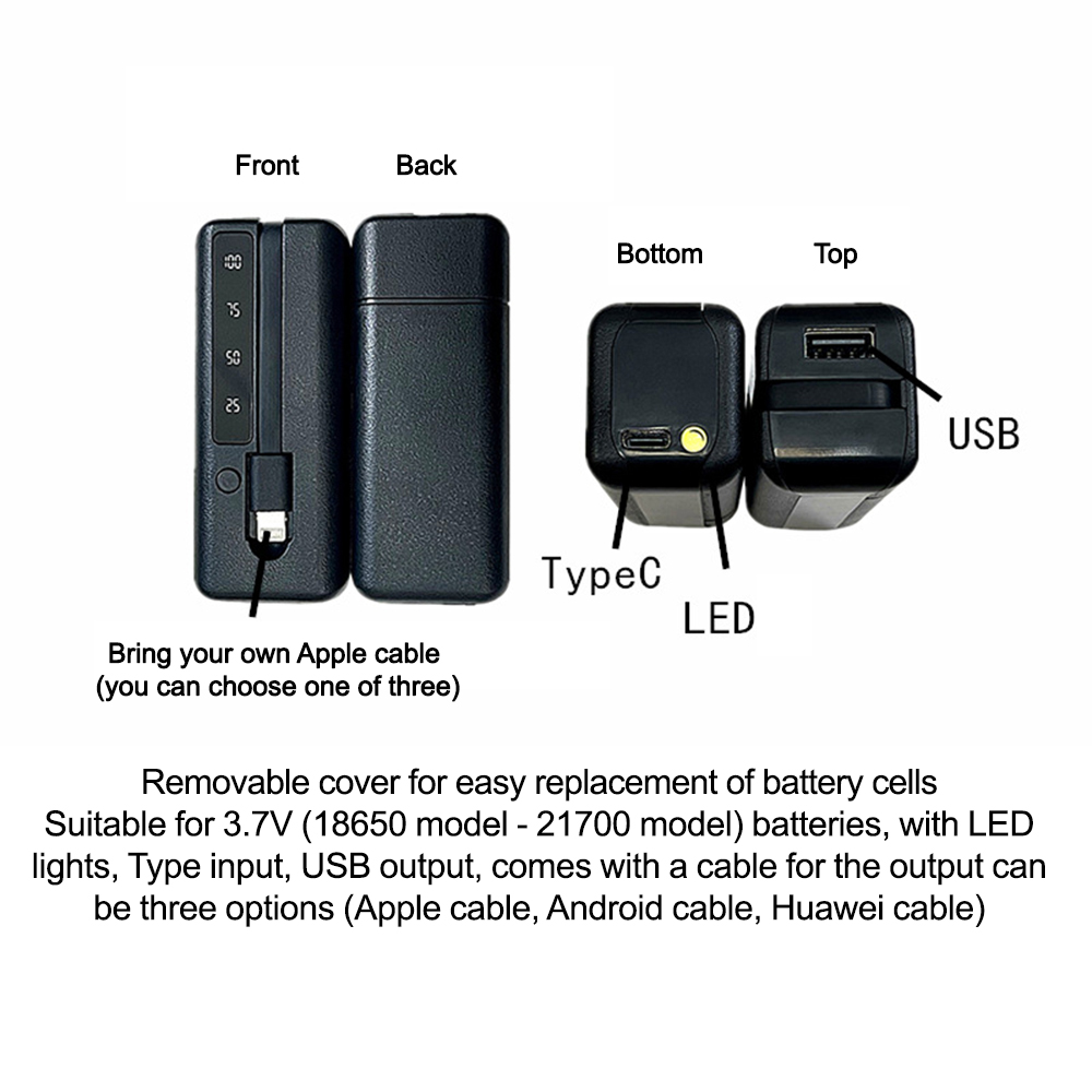 1*18650/18700/20700/21700 Lithium Battery Power Bank Case Type-C USB Charger Outer Case Plastic Shell with LCD Display and Cable