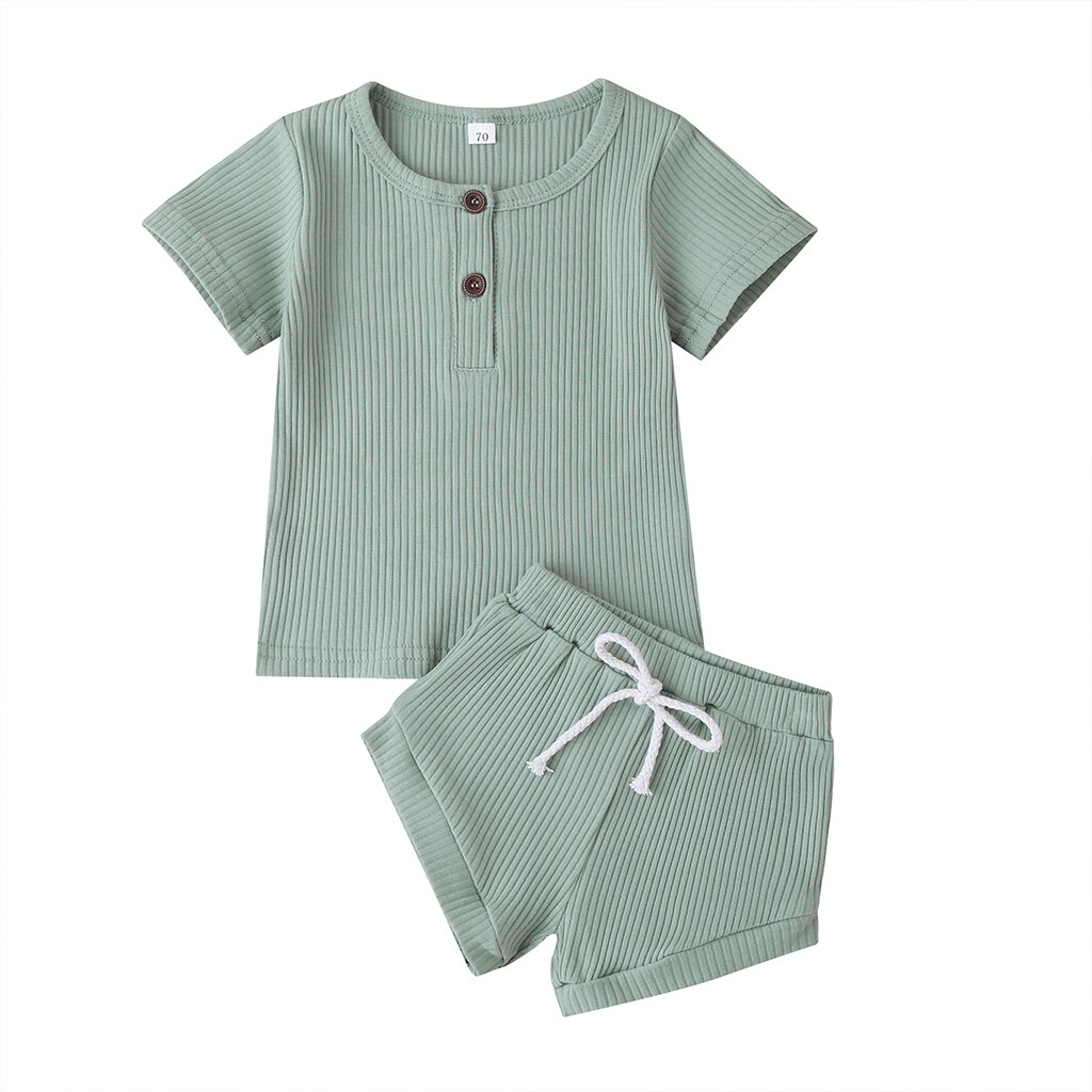 2021 set da bambino neonate ragazzi abiti lavorati a maglia neonato T-Shirt manica corta Top pantaloncini tinta unita abiti estivi per 6-24M: Luce Verde / 12-18 M