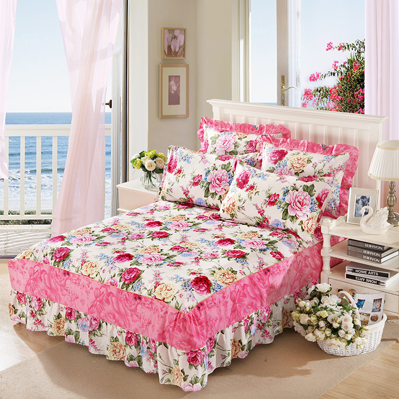 Floral Cotton Ruffle Bedspread Mattress Cover Princess Bedding Bed Skirt &amp; Cotton Ruffle Pillowcase Rose Flower Spring Autumn