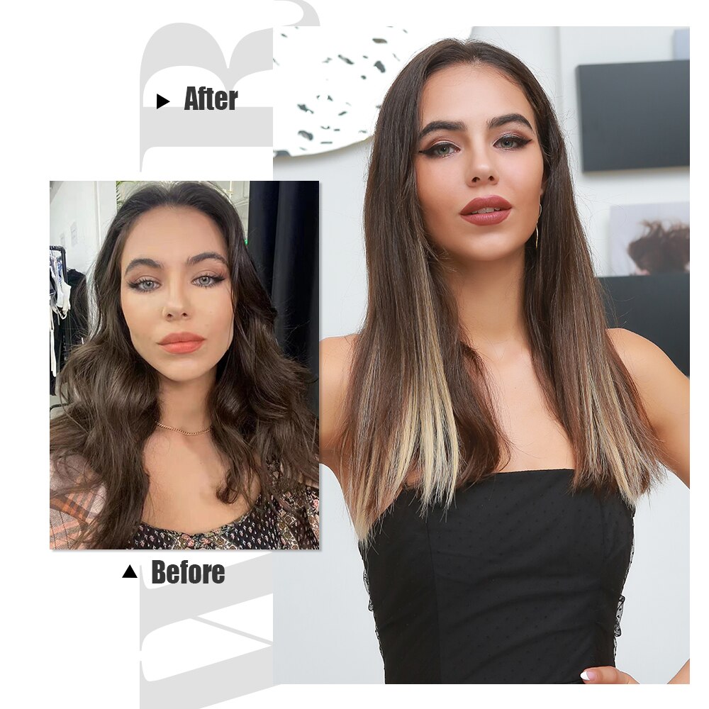 20inch Long Straight Clip In Hair Extensions 7Pcs/Set Synthetic Hairpiece with Clips Ombre Brown High Temperature Fiber Hair