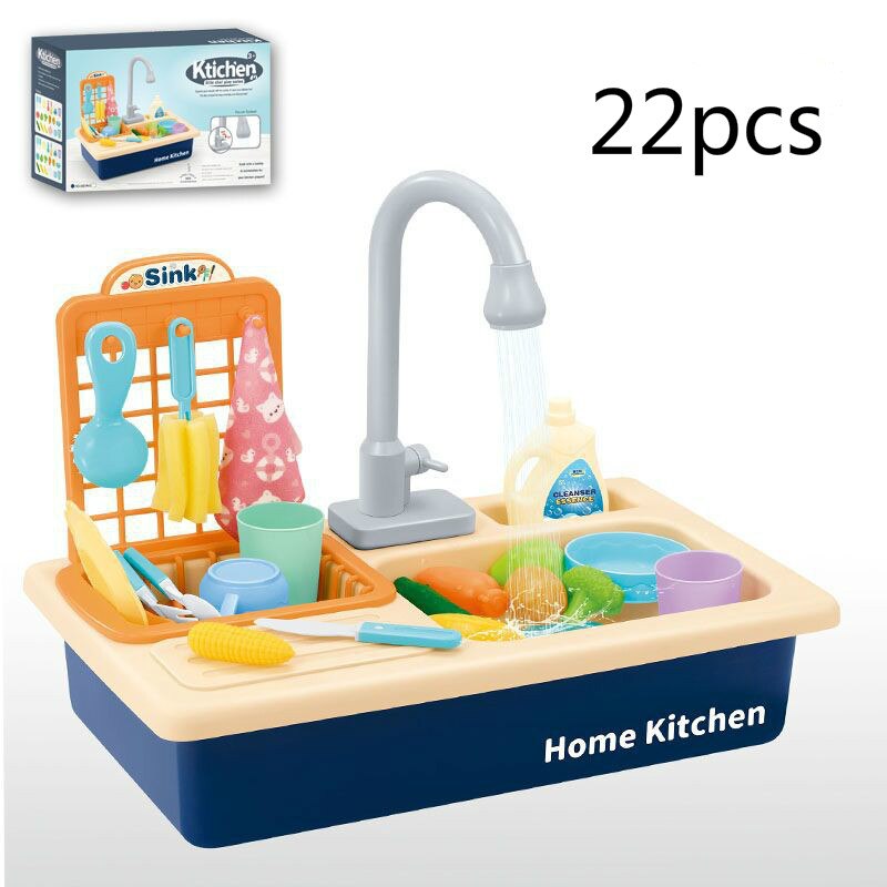 Pretend Play Kitchen Toys with Electric Water Wash Basin Kit for Children Kids Plastic Simulation Electric Dishwasher Sink: 22pcs Blue