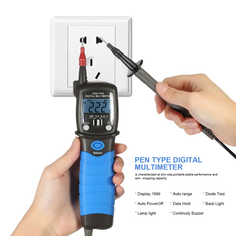 BTMETER-multímetro Digital BT-38B Tipo de rotulador con retroiluminación LCD, apagado automático para CC/CA, resistencia de diodo, prueba de continuidad: Azul