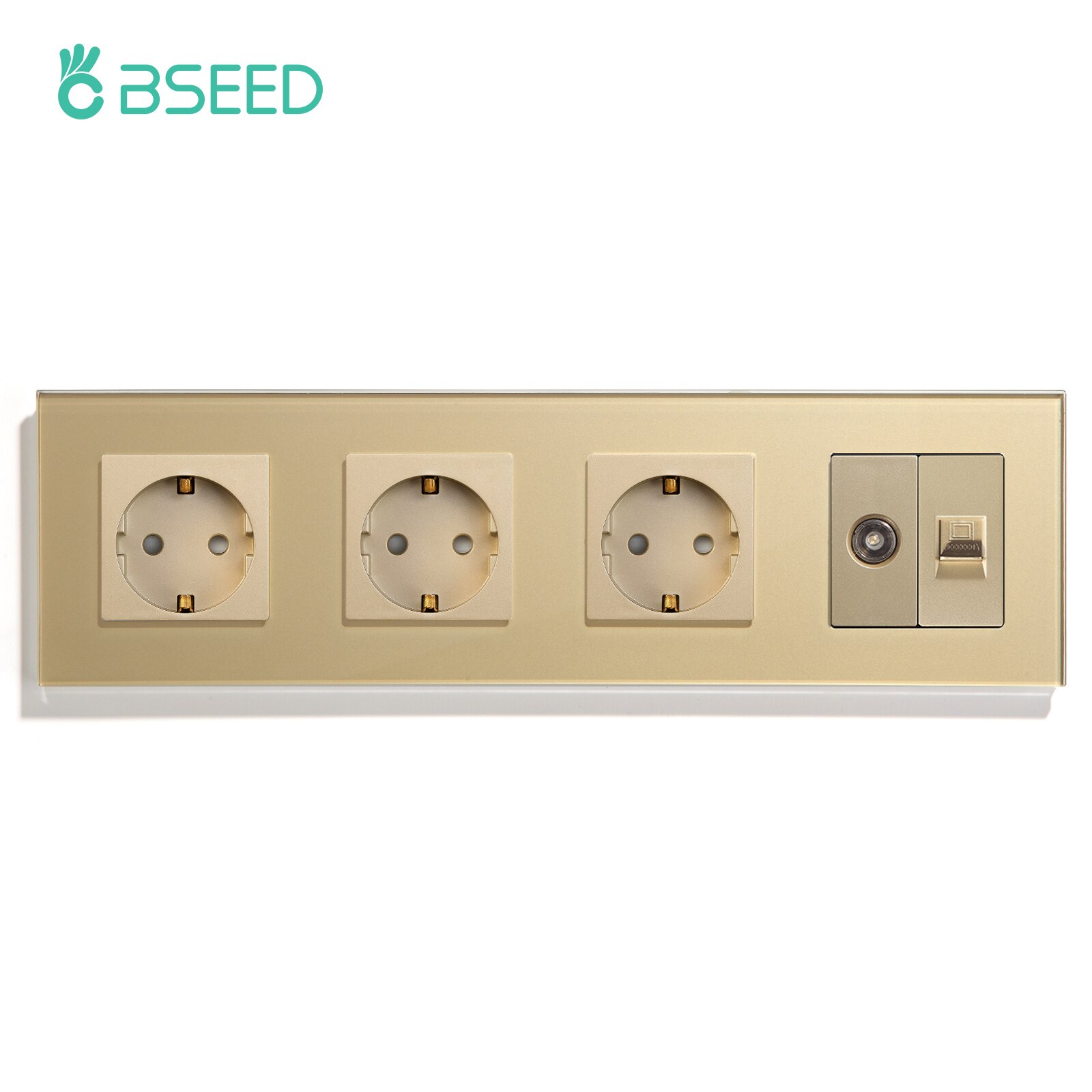 BSEED-Enchufes de pared dobles, estándar europeo, cuatro marcos, TV, PC, Internet, Panel de cristal, Blanco, Negro, oro, estándar de la UE: Gold