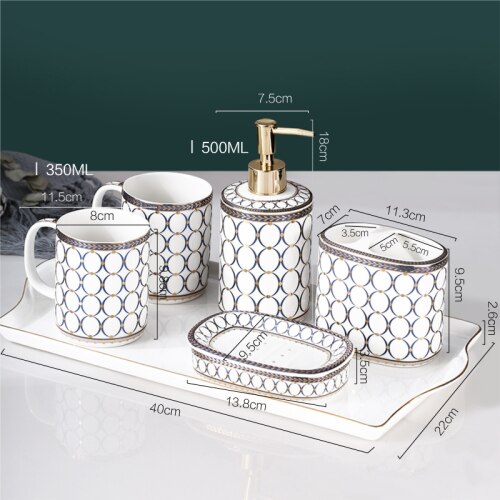 Nordic Luxe Keramische Cirkel Wassen Set Huishoudelijke Mondwater Cup Zeepbakje Lotion Fles Vijf Stuk Badkamer Decoratie Accessoires