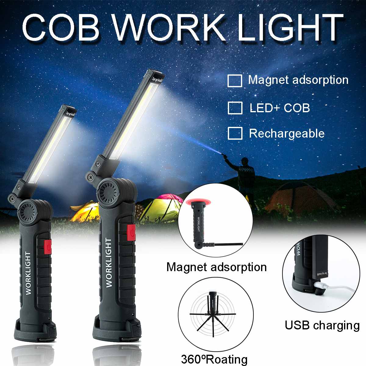 Cob led lommelygte usb genopladelig magnetisk fakkel fleksibel spotlight trådløs inspektionslampe arbejdslys udendørs nødlys