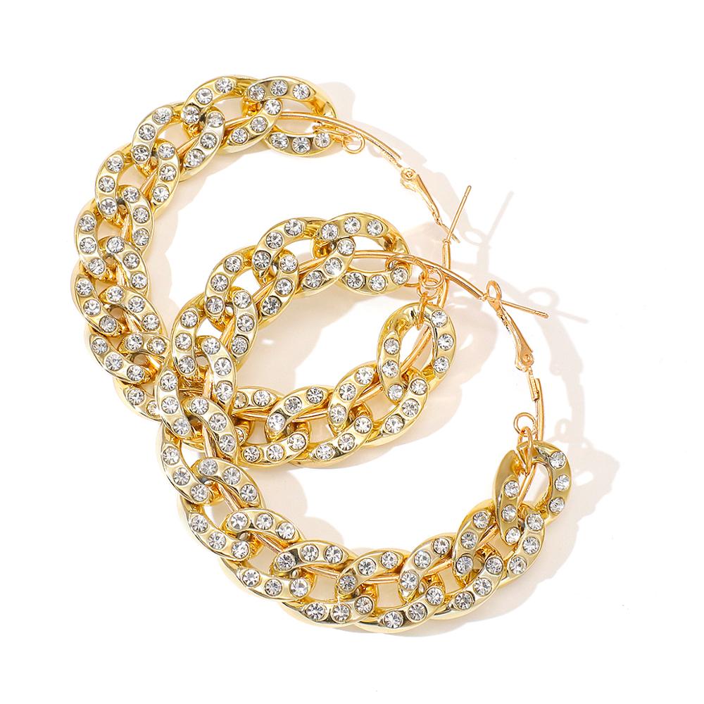 AMORCOME Rhinestone Chain Hoop Earrings For Women Big Circle Round Earrings Brincos Female Statement Jewelry: S Gold
