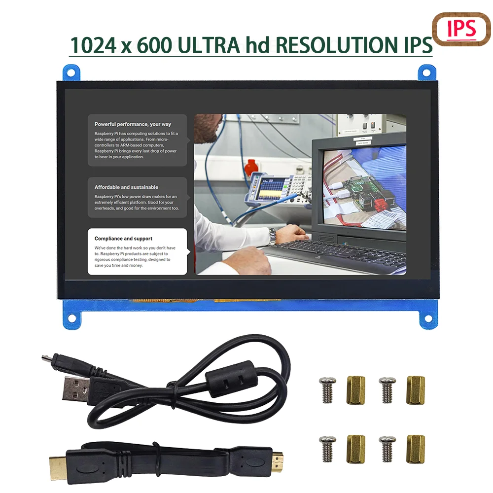 1024 x 600 tragbares 7-Zoll-Touch-HDMI-Display, Touchscreen-Panel, HDMI-Himbeer-Display, LCD-DIY-Monitor, HD-Display, PC-Monitor, IPS: Gelb Blau