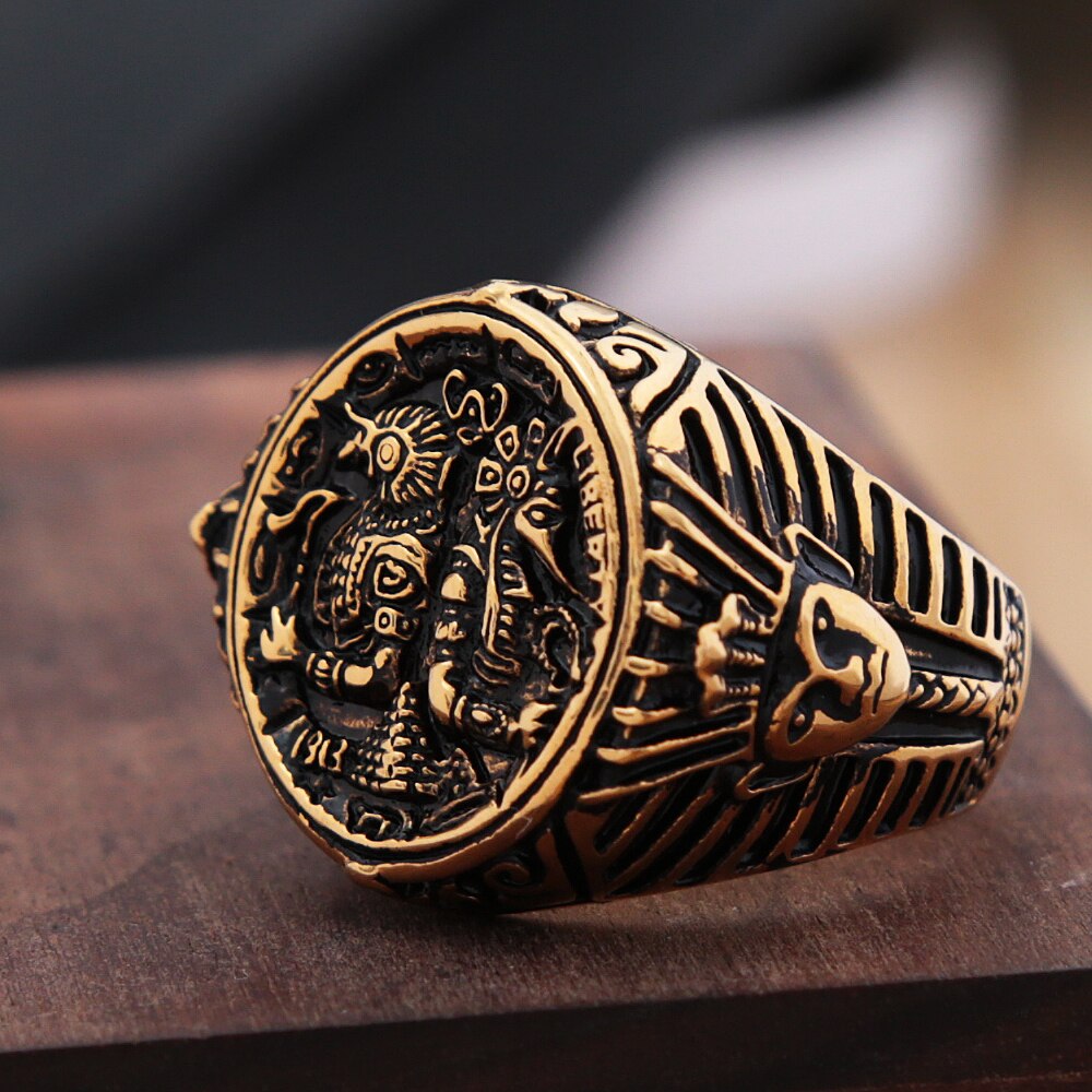 Vintage Anubis Egyptian Ring Jewelry Mens Stainless Steel Egyptian Pharaoh Stamp Ring Gothic Biker Amulet: 8 / Gold Color
