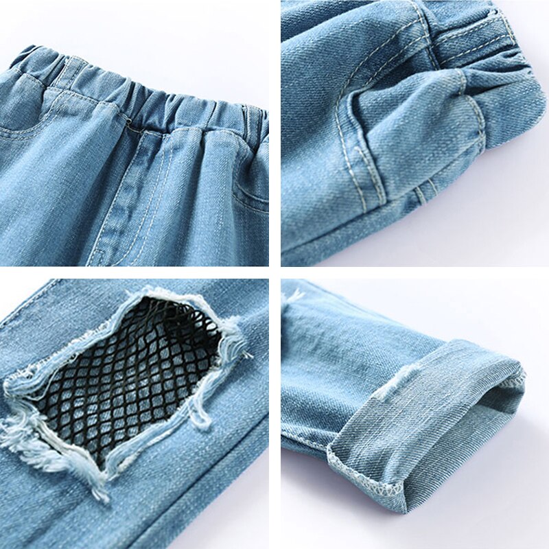 Jeans extensibles pour enfants, pantalon déchiré avec Inserts en maille pour filles, printemps automne