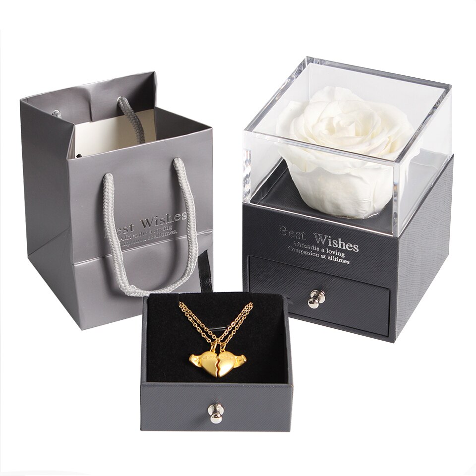 Preserved Real Rose Jewelry Box with Necklace Holder Immortal Flowers Forever Blossom Wedding Birthday Set for Women: white with necklace