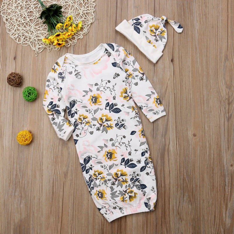 Floral Newborn Baby Boy Girl Long Sleeve Sleepwear Swaddles Blanket Hat 2PCS Blanket Sleepers for 0-6M