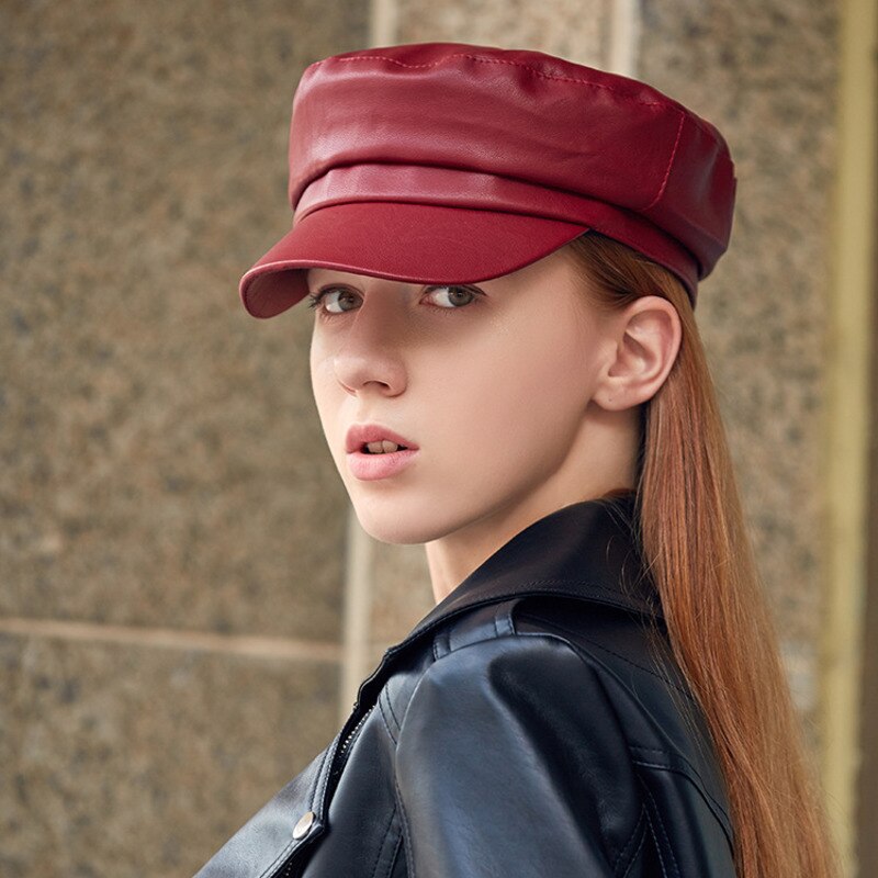Automne et hiver noir angleterre chapeau octogonal Pu Cortex Casquette femme loisirs gavroche béret Casquette
