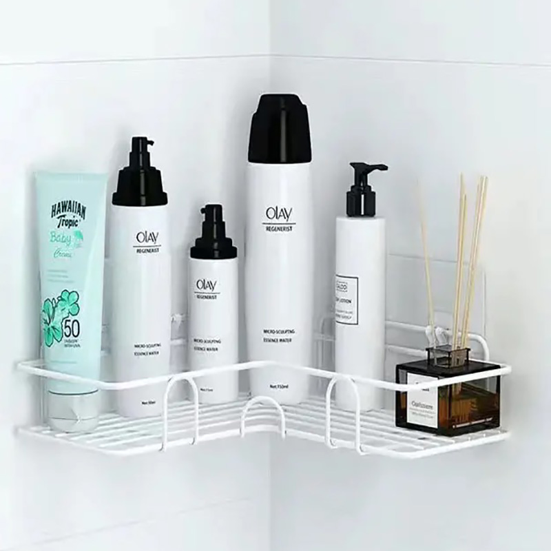 Bathroom Shelf Wall Mounted Corner Storage Shelves Shampoo Holder Iron Shower Drain Basket Bathroom Accessories Organizer: S / light green