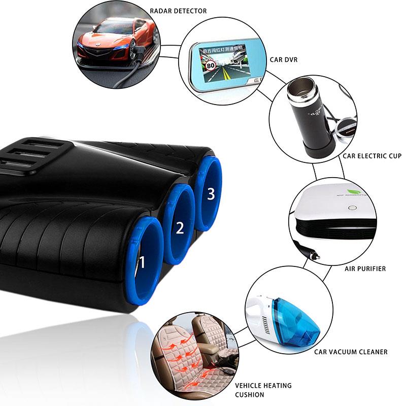 Onever 3 Port USB 3 voies | Allume-cigare de voiture 3 voies, Hub de prise de courant 3,1a bleu, Led 12V-24V pour Smartphone iPad