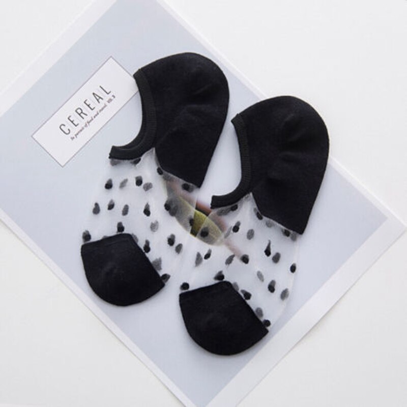 Women Lace Socks Crystal Glass Silk Knit Girl Dot Print Transparent Summer Invisible Sock Slippers: Black