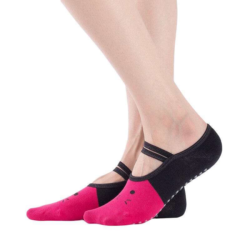 Bandage yoga sokker til kvinder skridsikre gulvsokker hurtigtørre backless pilates ballet sokker kat print sportsbeklædning tilbehør: Rød