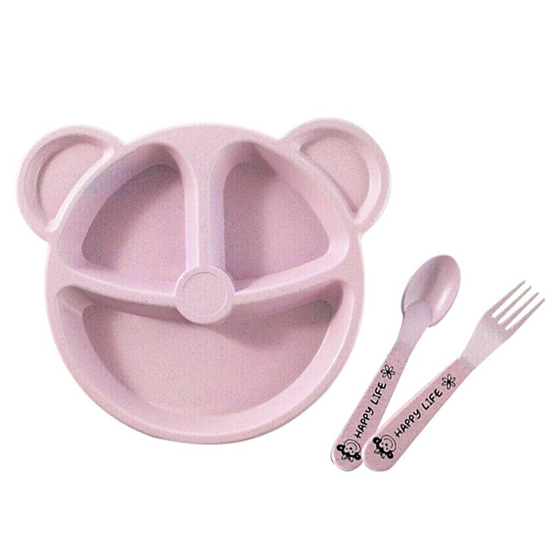 3 stk / sæt baby skål + ske + gaffel fodring mad bordservice tegneserie bjørn børn retter spiser porcelæn anti træning middag plade: Lyserød