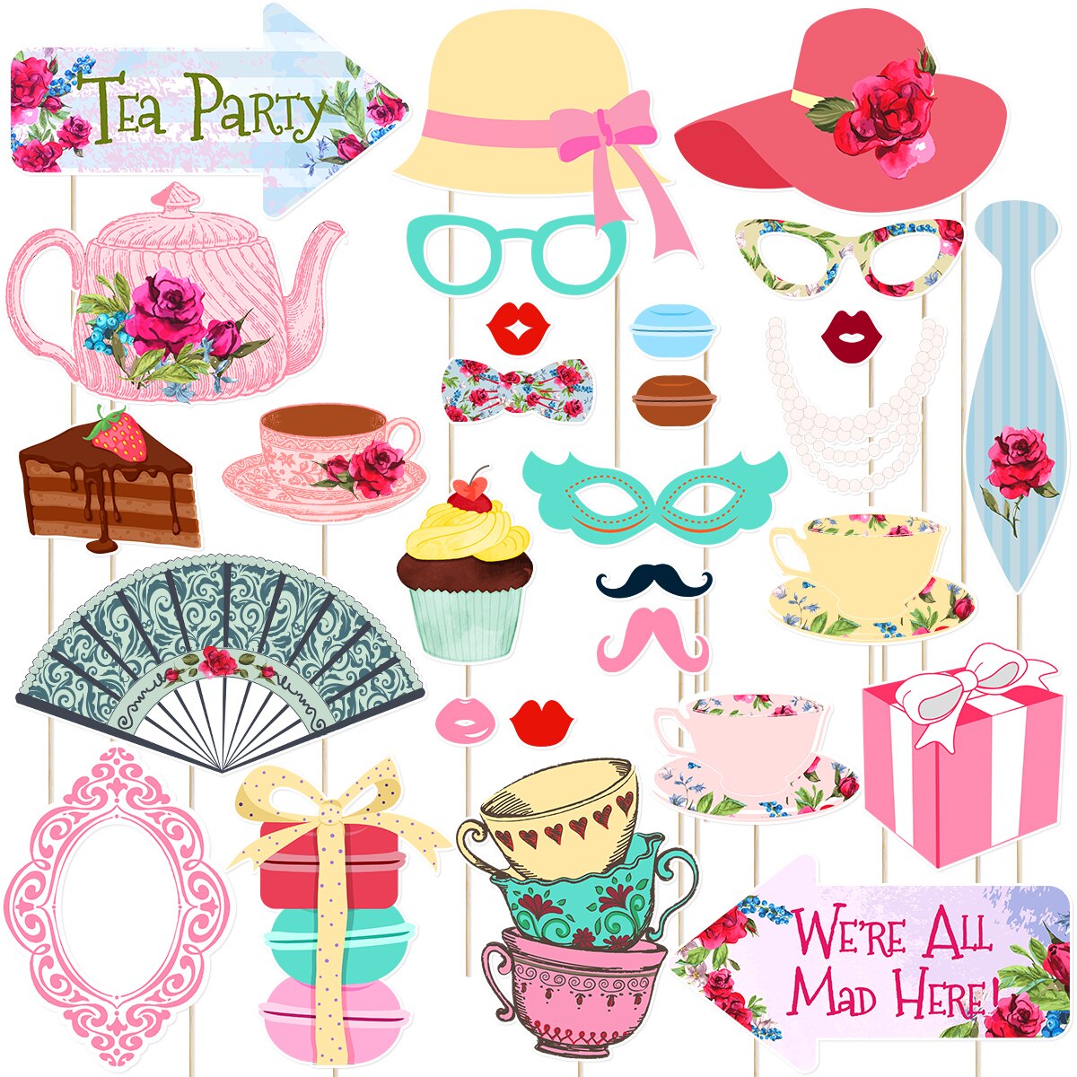 Tinksky 30 Pcs Funny Tea Party Photo Booth Props Party Accessories Decoration Favors Supplies: Default Title