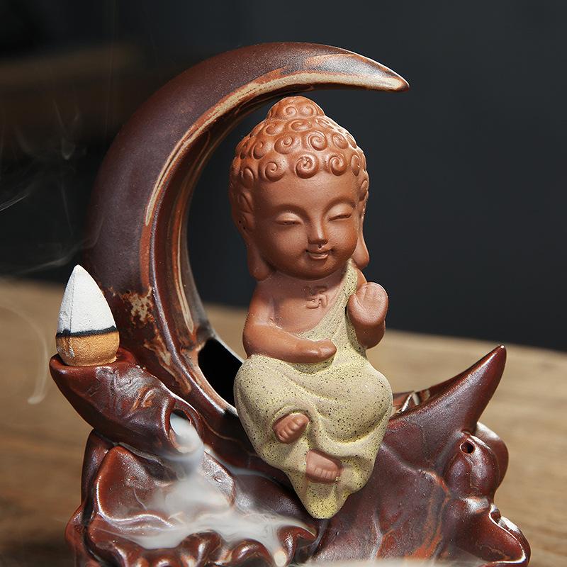 Small Buddha Backflow Incense Burner Smoke Waterfall Incense Sticks Holder Ceramic Lotus Flower Incense Censer Decorative Buddha